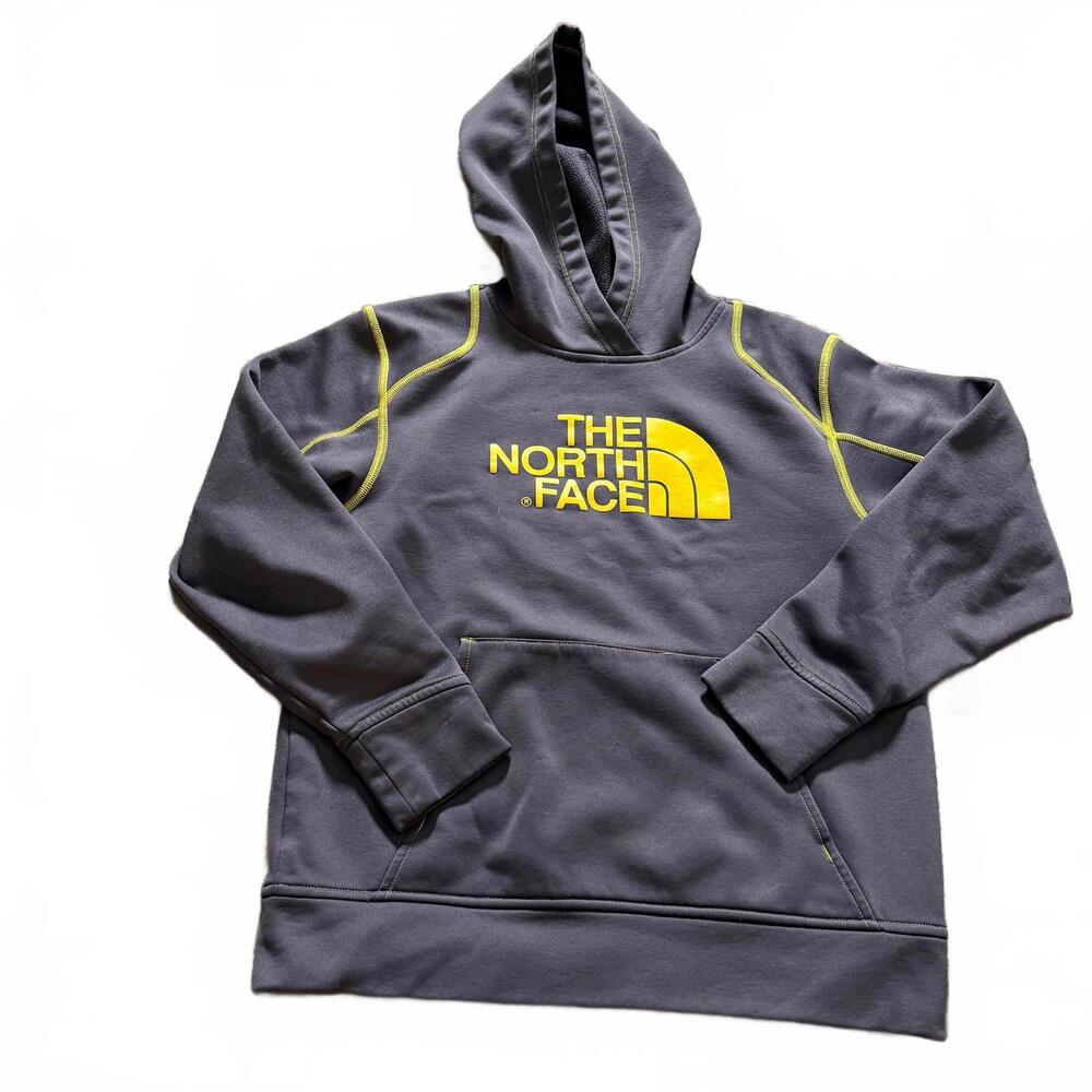 The NORTH FACE Boys Sz‎ M 10/12 Grey Performance Hoodie, Yellow Trim/Logo